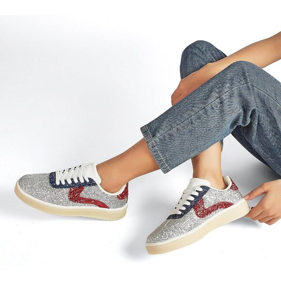 Lucky Step Women Silver Red Sparkly Bling Shiny Dressy Bedazzled Bridal Sneakers - Picture 8 of 9